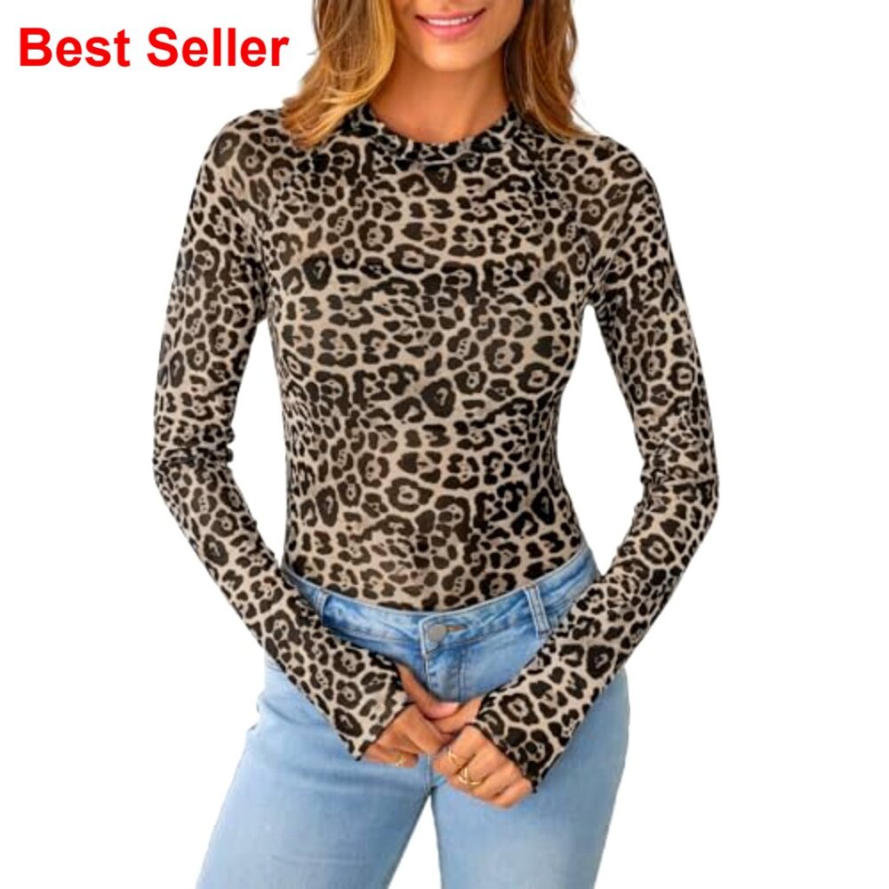 Mesh Sheer Lace Long Sleeve Top Slim Fitted See Through Floral Print - Picture 2 of 5